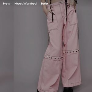 Dolls Kill Widow Convertible Pink Wide Leg Jeans with Stud Details Sold Out!